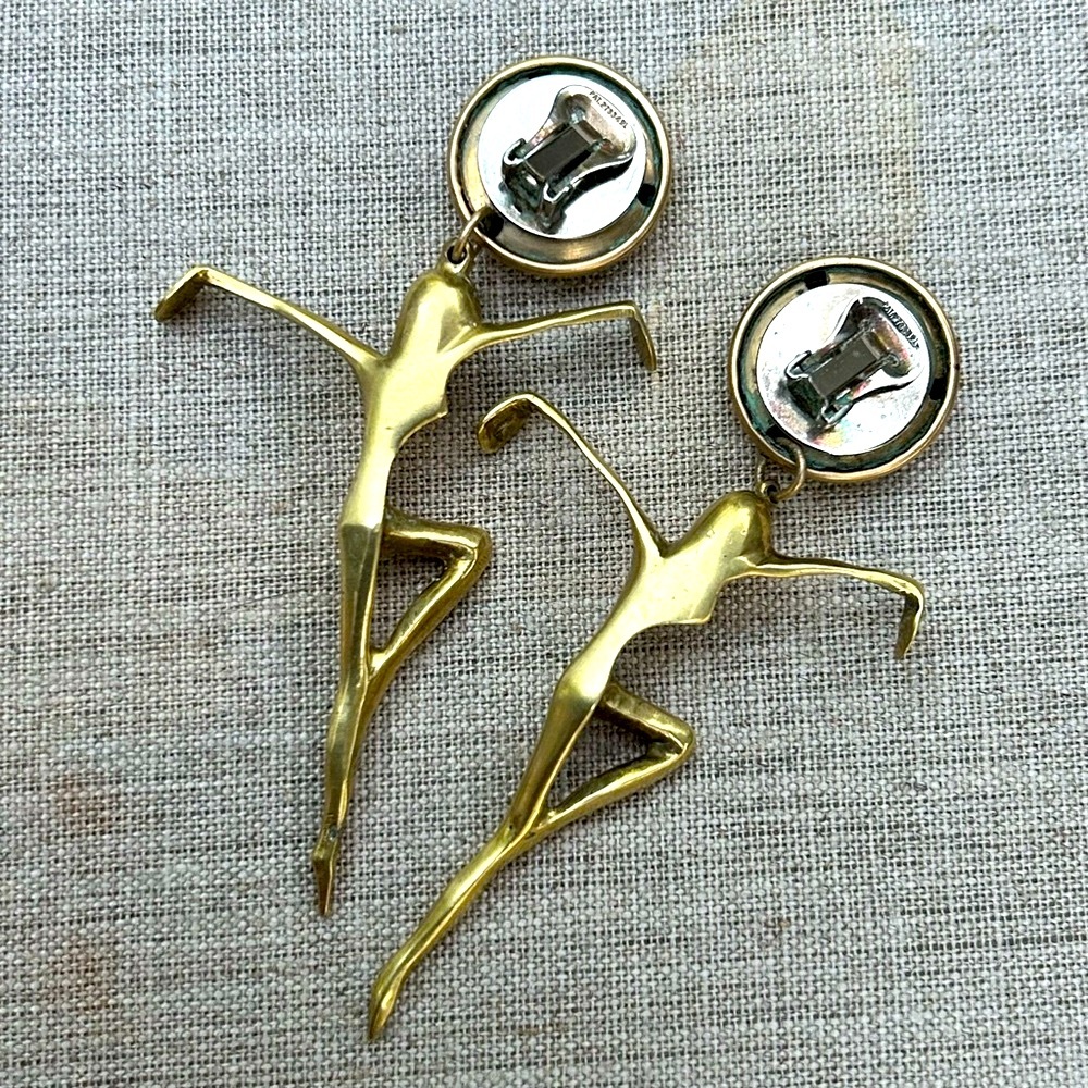 Vintage Brass Earrings Clip On Sculptural Modernist Ballet Dancer Ladies - Picture 4 of 11